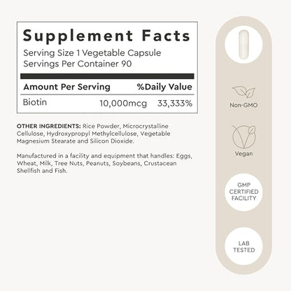 Alaya Naturals - Biotin 10,000mcg, 90 Capsules - Supports Healthy Hair, Skin & Nails