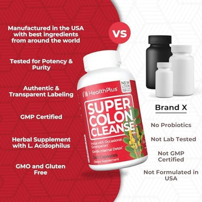Health Plus Super Colon Cleanse 60 Day Supply of Gentle Gut Cleanse Detox, Psyllium Husk, Probiotics for Constipation Relief & Digestive Support, 240 Capsules