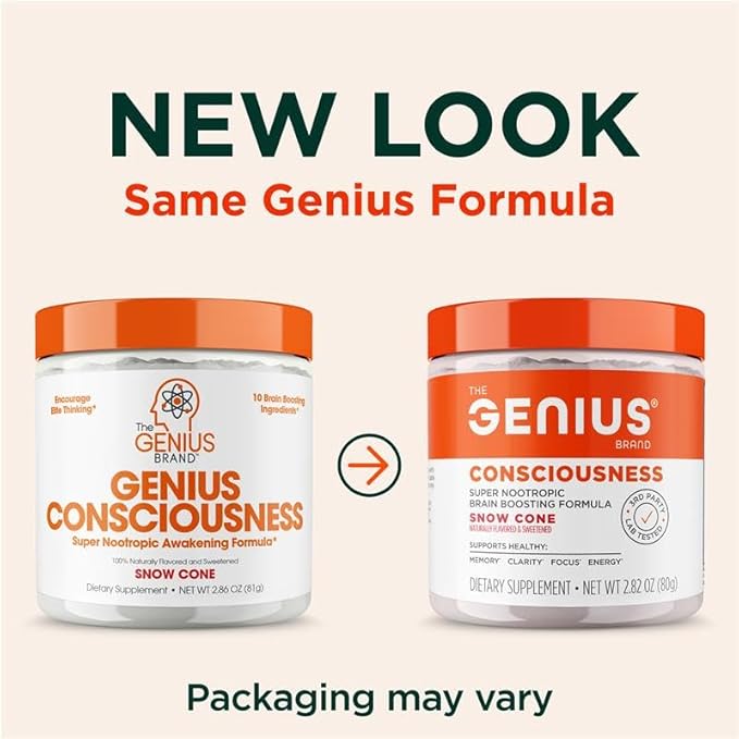 Genius Consciousness - Premium Nootropic Powder for Focus, Memory & Mental Clarity - AlphaSize, NeuroFactor, Lion’s Mane & Dynamine - Natural Brain Booster for Studying, Work & Creativity – Snow Cone