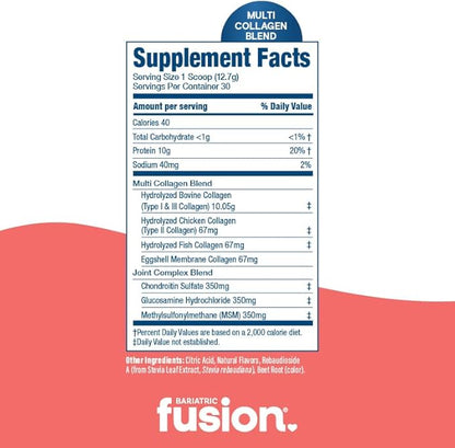Bariatric Fusion Strawberry Banana Multi Collagen Protein Powder | Plus Joint Support Complex of MSM and Glucosamine | Dairy, Gluten & Soy Free | Non-GMO | 30 Servings
