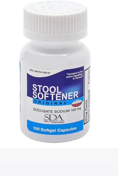 SDA Laboratories Docusate Sodium 100 mg Stool Softener, Fast-Acting Relief from Occasional Constipation for Easier Bowel Movements, 100 Softgels (1 Bottle)