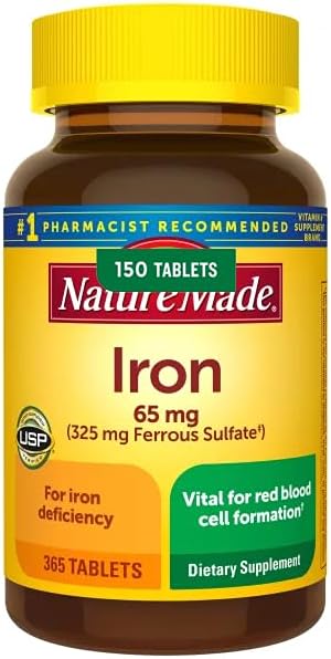 Natures Mades Iron 65 mg (325 mg Ferrous Sulfate), 365 Tablets Bundle, Vital for Red Blood Cell Formation, 365 Days Supply