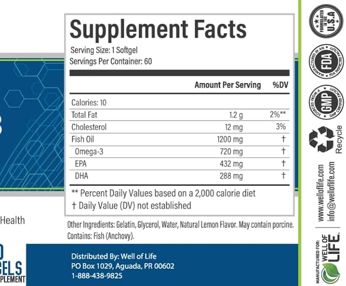 Well of Life Omega-3 Fish Oil – 60 Softgels | High EPA & DHA for Heart and Brain Health | Non-GMO, Premium Fish Oil Supplement | Made in USA, GMP Certified
