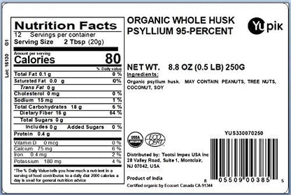 Yupik Organic Psyllium Husk Powder 8.8 Oz, (Pack of 6), 95% Purity, USDA Certified, Non-GMO, Vegan, Gluten-Free, Unflavored, Plant-Based, Coarse Milled Husk, Excellent Source of Fiber for Baking