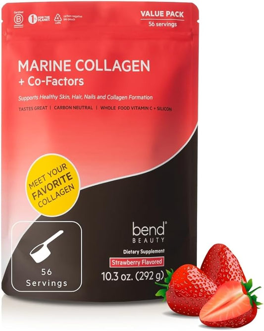 Bend Marine Collagen + Co-Factors | Strawberry Flavored Collagen Powder | Hydrolyzed Collagen Supplement | Fish Collagen Peptides + Silicon + Vitamin C | Supports Healthy Skin, Hair & Nails