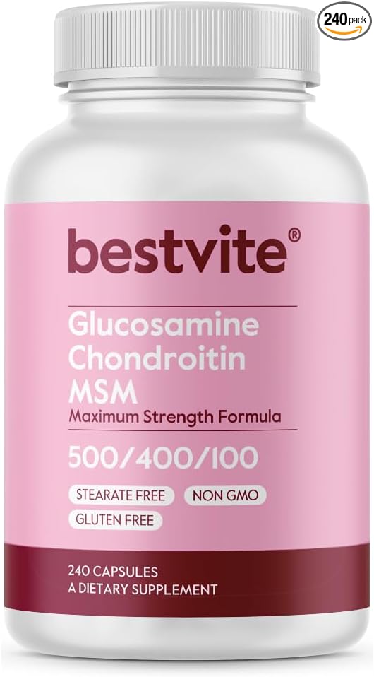 BESTVITE Glucosamine Chondroitin MSM 500/400/100 per Capsule (240 Capsules) with Patented OptiMSM - Maximum Strength Formula for Joint Support - No Stearates - Gluten Free - Non GMO