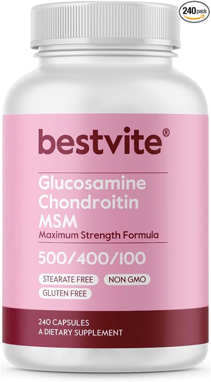 BESTVITE Glucosamine Chondroitin MSM 500/400/100 per Capsule (240 Capsules) with Patented OptiMSM - Maximum Strength Formula for Joint Support - No Stearates - Gluten Free - Non GMO