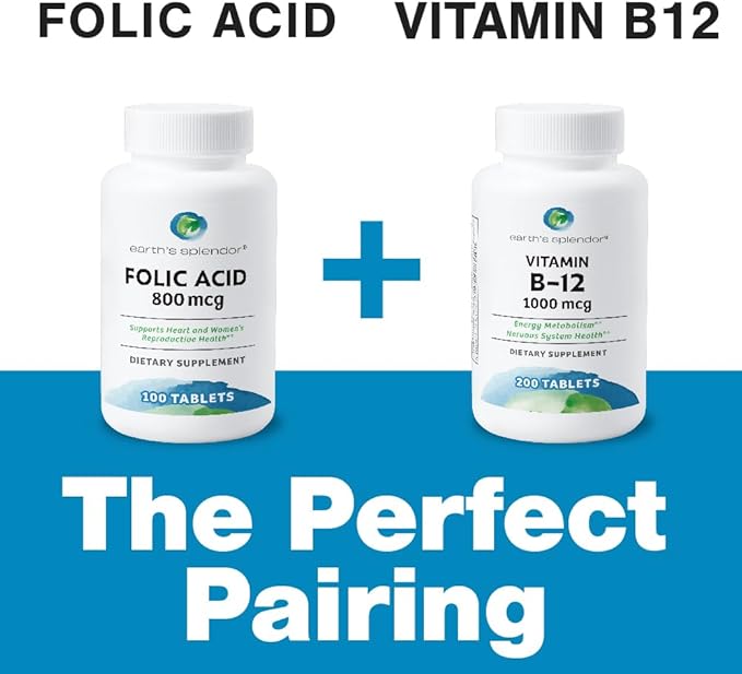 Earth's Splendor Folic Acid 800 mcg Dietary Supplement, Supports Heart Health, Supports Women's Reproductive Health, Smooth Coated Tablets (800 mcg, 200 Tablets, Pack of 2)