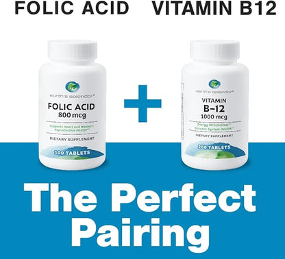 Earth's Splendor Folic Acid 800 mcg Dietary Supplement, Supports Heart Health, Supports Women's Reproductive Health, Smooth Coated Tablets (800 mcg, 200 Tablets, Pack of 2)