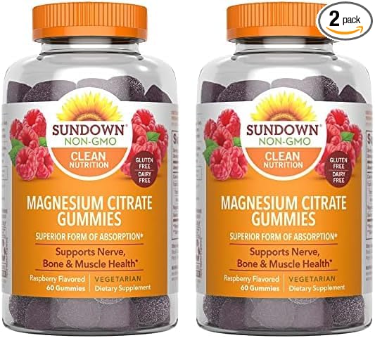 Sundown Magnesium Citrate Gummies, Supports Nerve, Bone & Muscle Health, Vegetarian, Raspberry Flavored, 60 Count (Pack of 2)