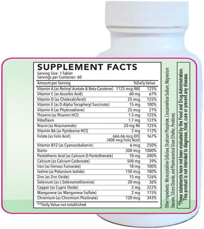 Multivitamins Tablet for Women, Once Daily Multivitamin for Adult, Multimineral Supplement with Iron, Vitamins A, D, E, C, and B-Complex, Supports Immunity, Bone, and Hair, 60 Count