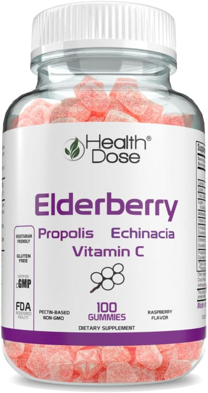 Elderberry Gummies with Propolis, Echinacea & Vitamin C - Immune System Support for Adults - 100 Gummies - Antioxidant-Rich Supplement for Wellness