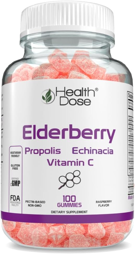 Elderberry Gummies with Propolis, Echinacea & Vitamin C - Immune System Support for Adults - 100 Gummies - Antioxidant-Rich Supplement for Wellness
