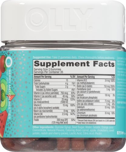 OLLY Teen Girl Multi Gummy, Healthy Skin and Immune Support, 15 Essential Vitamins, Biotin, Zinc, Calcium, Chewable Multivitamin, Berry Melon, 35 Day Supply, 70 Count (Pack of 2)