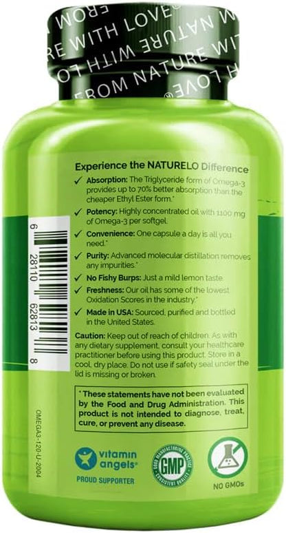 NATURELO Burpless Omega 3 Fish Oil Supplement - 1100mg Triglyceride Omega-3, EPA + DHA, Liquid Fish Oil for Heart, Eye, Brain, Joint Health - 60 Softgels, 2 Months Supply