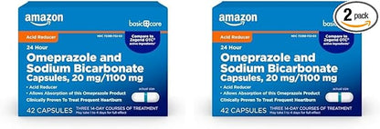 Amazon Basic Care Omeprazole and Sodium Bicarbonate Capsules, 20 mg/1100 mg, 24-Hour Frequent Heartburn Medicine, Acid Reducer Pills, 42 Count (Pack of 2)