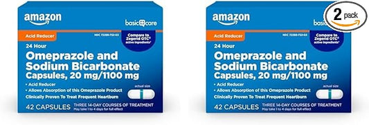 Amazon Basic Care Omeprazole and Sodium Bicarbonate Capsules, 20 mg/1100 mg, 24-Hour Frequent Heartburn Medicine, Acid Reducer Pills, 42 Count (Pack of 2)