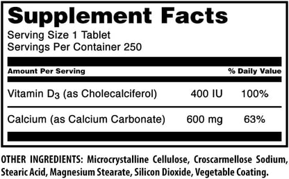 Amazing Formulas Calcium 600 Mg Plus Vitamin D3 400 IU Tablets | Non-GMO Supplement | Gluten Free | Made in USA (250, Tablets)