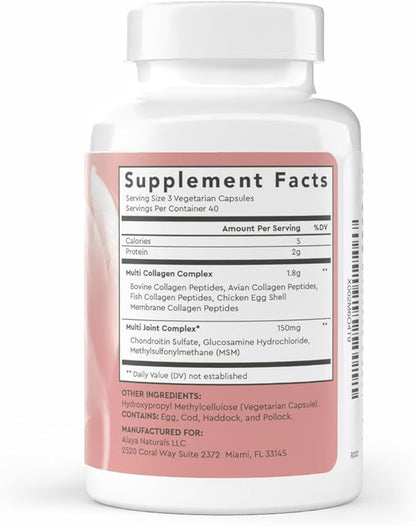 Alaya Naturals Hydrolyzed Multi Collagen Peptides Protein Capsules - Type I, II, III, V, X Grass-Fed Bovine, Chicken, Marine Collagen Supplement with MSM + GC (Capsules - 120 Count)