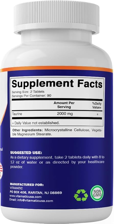 Vitamatic Taurine 2000mg Vegetarian Tablets, 180 Count, Non-GMO, Gluten Free
