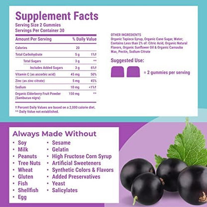 Hyland's Organic Elderberry Plus Gummies, Organic Black Elderberry with ZINC and Vitamin C, Immune Support Supplement for Adults, 60 Vegan Gummies (30 Days)