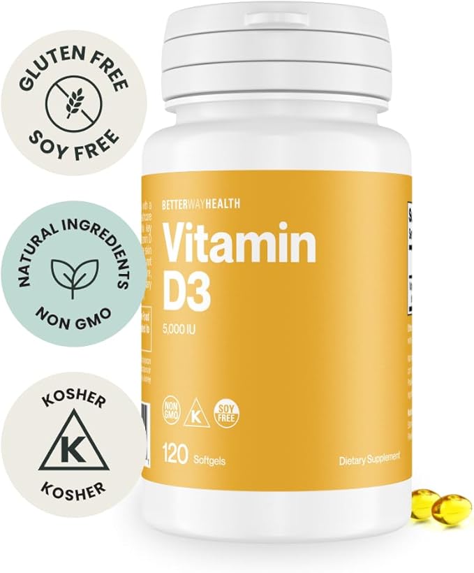Better Way Health Vitamin D3 5000 IU – High Potency Softgel Vitamin D Supplement for Immune & Bone Health – Non-GMO, Dairy-Free, 120 Softgels