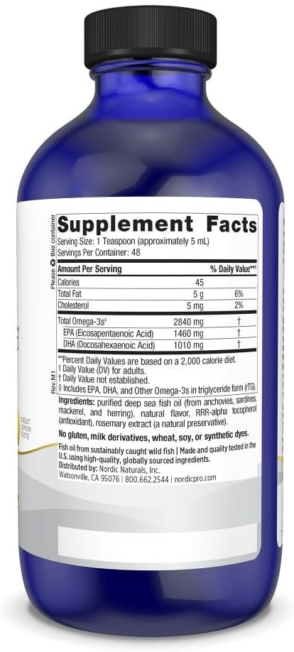 Nordic Naturals ProOmega Liquid, Lemon Flavor - 8 oz - 2840 mg Omega-3 - High Potency Fish Oil with EPA & DHA - Promotes Brain, Eye, Heart, & Immune Health - Non-GMO - 48 Servings