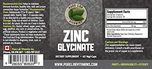 Zinc Glycinate 23 mg Supplement - 60 Vegan Caps by Pure Lab Vitamins - Amino Acid Salt for Healthy Skin & Nails - Supports The Immune System, Prostate, Vision - Made in Canada