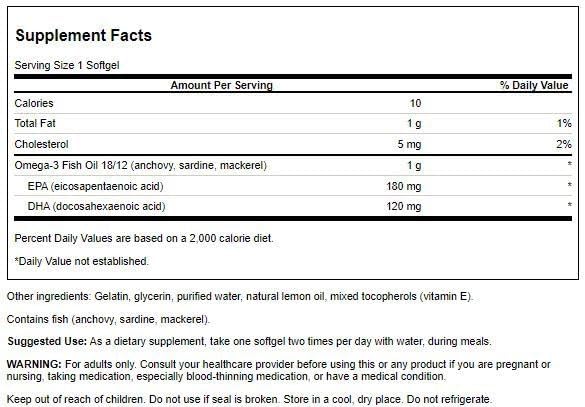 Swanson Omega 3 Fish Oil Supplement Heart Brain and Joint Support GMO-Free EFAs 180 mg EPA Plus 120 mg DHA 150 Softgel Capsules Lemon Flavor