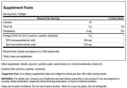 Swanson Omega 3 Fish Oil Supplement Heart Brain and Joint Support GMO-Free EFAs 180 mg EPA Plus 120 mg DHA 150 Softgel Capsules Lemon Flavor
