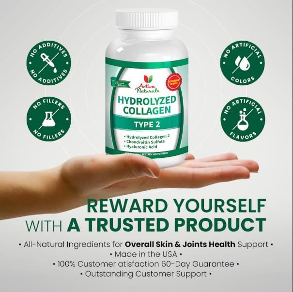 Collagen Type 2 Hydrolyzed Supplement with Chondroitin and Hyaluronic, for Healthy Hair, Skin, Nails, and Joints, No Fillers, Additives, and No Artificial Colors - 120 Vegetarian Capsules
