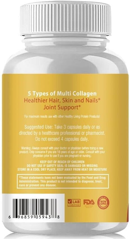 Healthy Living Proteins | Multi Hydrolyzed Collagen Peptides Type I, II, III, V, & X | Ground Beef Grass Fed, Whole Chicken, Egg White Protein | Keto, Paleo, Gluten Free | Capsules (90 Count)