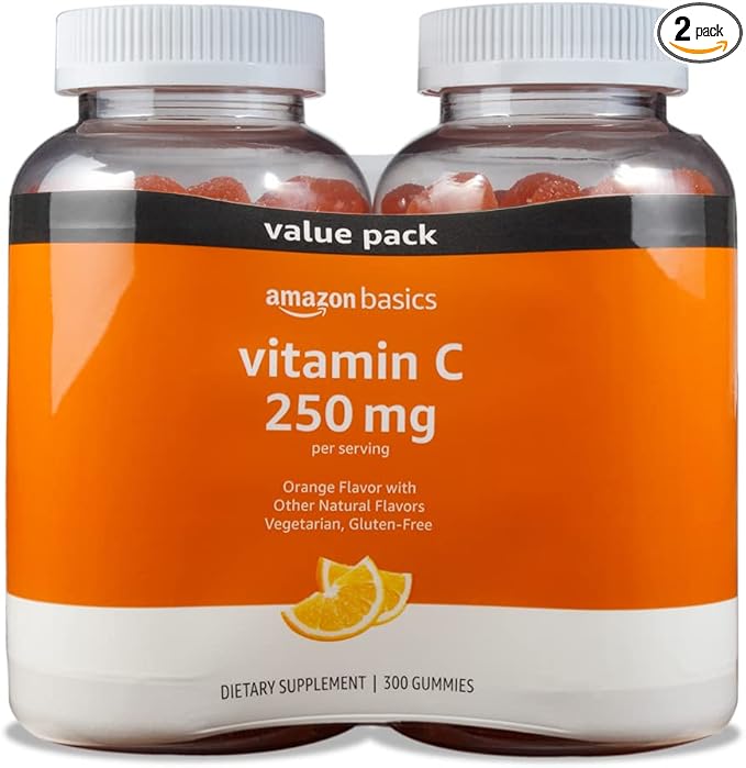 Amazon Basics - Vitamin C, 250 mg Gummies, Orange, 300 Count (2 Packs of 150), 2 per Serving (Previously Solimo)