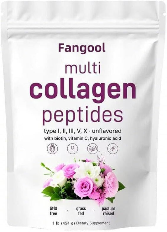 Fangool New Multi Collagen Peptides, 1 Pound – Type X, I, II, III, V, No Taste Protein Supplement with Biotin, Hyaluronic Acid, Vitamin C, Easy Dissolve(1 Pack)