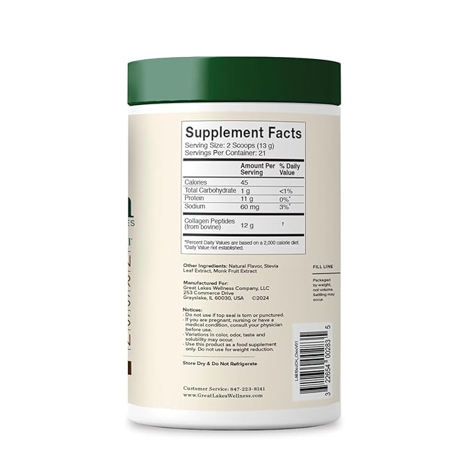 Great Lakes Wellness Collagen Peptides Powder for Skin, Hair, Nails, Joints & Digestion - Chocolate Flavored - Quick Dissolve Hydrolyzed, Non-GMO, Kosher - 10 oz
