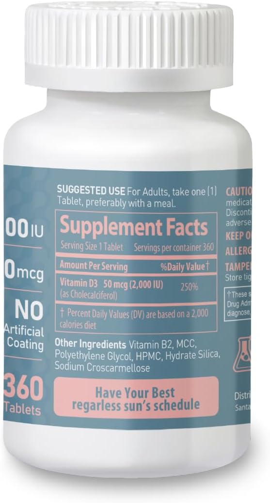 Vitamin D3 2000iu (50 mcg) 1-Year Supply for Immune Support, Healthy Muscle Function, and Bone Health - Non-GMO, Gluten Free, with Vitamin B2 - (Mini Tablets), 360 Count