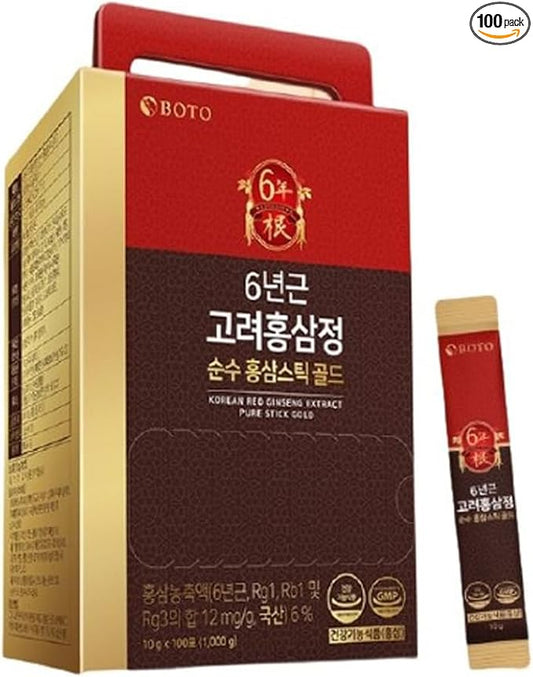 BOTO 6 Years Korean Red Ginseng Gold Extract Natural Energy Supplements Nitric Oxide Brain Natural Immune Support Liquid Portable Sticks 30 Sachet for 1 Month