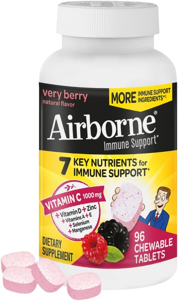 Airborne 1000mg Vitamin C Chewable Tablets with Zinc, Immune Support Supplement with Powerful Antioxidants Vitamins A C & E - 96 Chewable Tablets, Very Berry Flavor