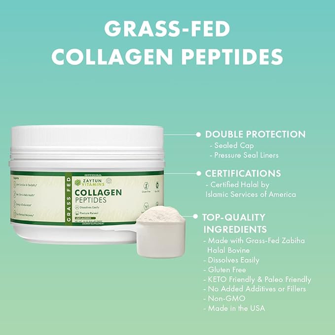 Zaytun Halal Collagen Peptides Powder, Hydrolyzed Type I & III Collagen, Supports Joint, Bone, Muscles, Hair, Skin, & Nails, Keto Friendly, Grass-Fed, 10 oz, Made in USA, Certified Halal