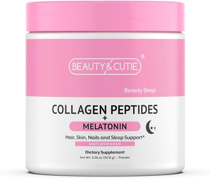 Melatonin 5 mg with Collagen Peptides Powder, Grass Fed, Hair, Skin, Nails and Sleep Support, Non GMO, Gluten Free, Unflavored, 5.56 oz