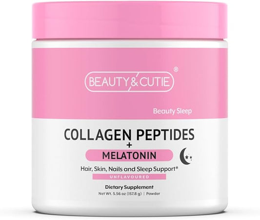 Melatonin 5 mg with Collagen Peptides Powder, Grass Fed, Hair, Skin, Nails and Sleep Support, Non GMO, Gluten Free, Unflavored, 5.56 oz