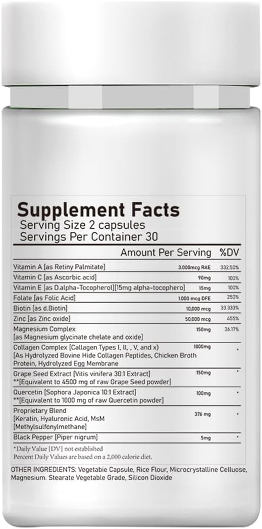 Multi Collagen Capsules for Women & Men - Type I, II, III, V, X - Hydrolyzed Collagen Supplements with Biotin, Vitamin C for Hair, Skin, Nail & Joint Support, 60 Capsules,30 Servings