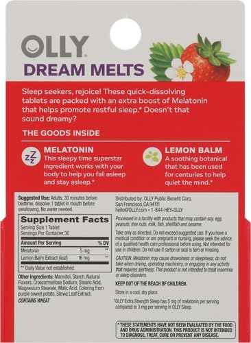 OLLY Extra Strength Sleep Fast Dissolve Tablets, 5mg Melatonin, Vegan, Strawberry - 30ct (Pack of 2)