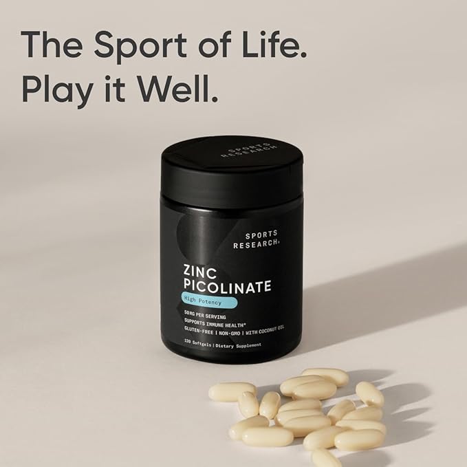 Sports Research High Potency Zinc Picolinate 50mg with Organic Coconut Oil | Highly Absorbable Zinc Supplement for Healthy Immune & Enzyme Function - Non-GMO Tested & Gluten-Free (120 Liquid Softgels)