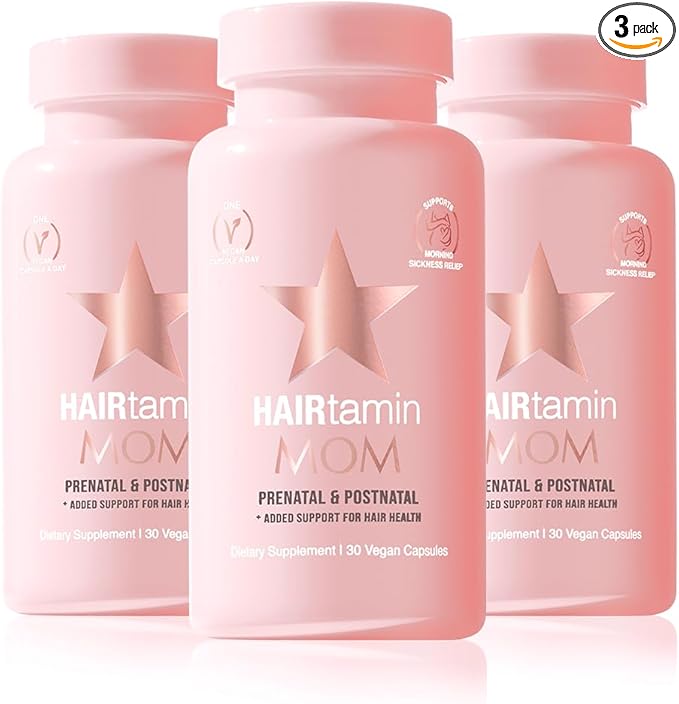 HAIRtamin MOM Vegan Prenatal & Postnatal Multivitamin Capsules & Hair Growth Vitamins, Postpartum, Breastfeeding, Hair Nails, and Skin Vitamins for Women with Biotin, Zinc, Iron (3-Pack), 90.0 Count