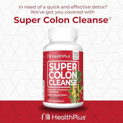 Health Plus Super Colon Cleanse 15 Day Supply of Gentle Gut Cleanse Detox, Psyllium Husk, Probiotics for Constipation Relief & Digestive Support, 60 Capsules