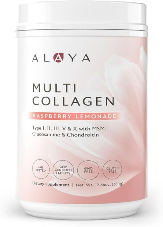 Alaya Multi Collagen Powder - Type I, II, III, V, X Hydrolyzed Collagen Peptides Protein Powder Supplement with MSM + GC (Raspberry Lemonade)