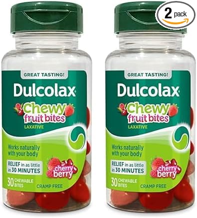 Dulcolax Chewy Fruit Bites, Saline Laxative, Cherry Berry (30ct) Cramp-Free Constipation Relief (Pack of 2)