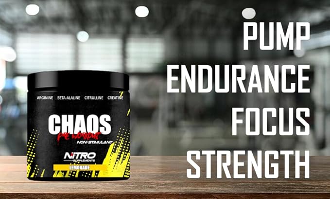 Nitro Supplements - Chaos - Non Stim Pre-Workout (30 Sevings) Beta-Alanine, L-Citrulline, Arginine, Creatine, Taurine Stim-Free Non-Stimulant (30 Servings, Lemonade)
