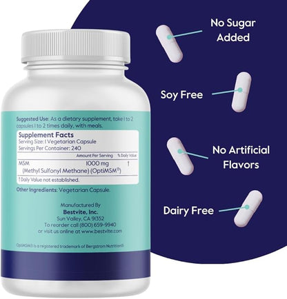 BESTVITE MSM 1000mg Made with OptiMSM (240 Capsules) - No Stearates - GMO Free - Gluten Free - Joint Support